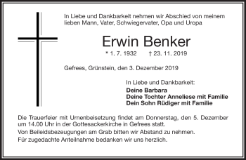 Traueranzeige von Erwin Benker von Frankenpost