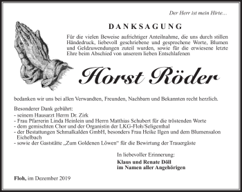 Traueranzeige von Horst Röder von Südthüringer Presse