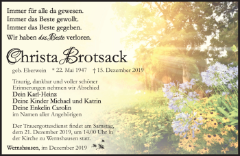 Traueranzeige von Christa Brotsack von Südthüringer Presse