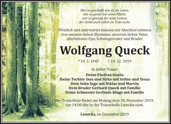 Traueranzeige von Wolfgang Queck von Südthüringer Presse