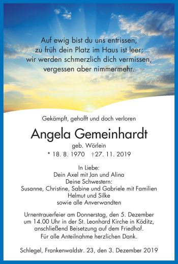 Traueranzeige von Angela Gemeinhardt von Frankenpost