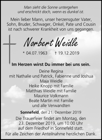 Traueranzeige von Norbert Weidle von Neue Presse Coburg