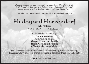 Traueranzeige von Hildegard Herrendorf von Südthüringer Presse