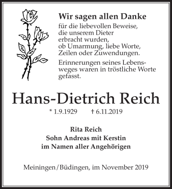 Traueranzeige von Hans-Dietrich Reich von Südthüringer Presse