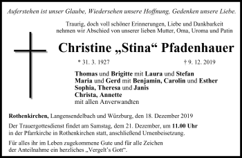 Traueranzeige von Christine Pfadenhauer von Neue Presse Coburg