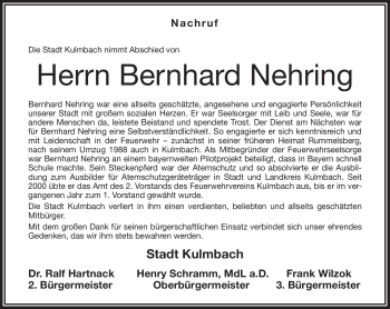 Traueranzeige von Bernhard Nehring von Frankenpost