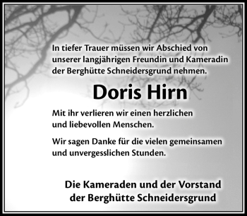 Traueranzeige von Doris Hirn von Südthüringer Presse