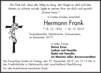 Traueranzeige von Hermann Frank von Frankenpost