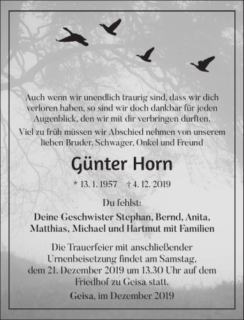 Traueranzeige von Günter Horn von Südthüringer Presse