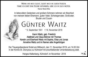 Traueranzeige von Günter Waitz von Südthüringer Presse