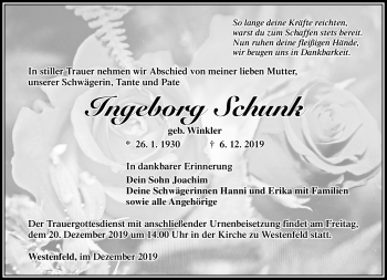 Traueranzeige von Ingeborg Schunk von Südthüringer Presse