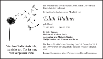 Traueranzeige von Edith Wallner von Südthüringer Presse