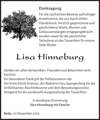 Traueranzeige von Lisa Hinneburg von Südthüringer Presse