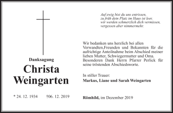 Traueranzeige von Christa Weingarten von Südthüringer Presse