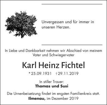 Traueranzeige von Karl-Heinz Fichtel von Südthüringer Presse