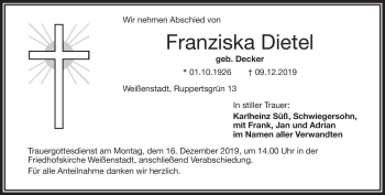 Traueranzeige von Franziska Dietel von Frankenpost