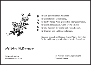 Traueranzeige von Albin Körner von Südthüringer Presse