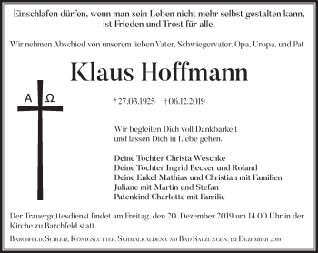Traueranzeige von Klaus Hoffmann von Südthüringer Presse