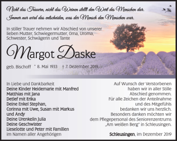 Traueranzeige von Margot Daske von Südthüringer Presse