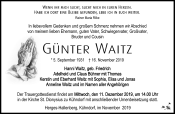 Traueranzeige von Günter Waitz von Südthüringer Presse