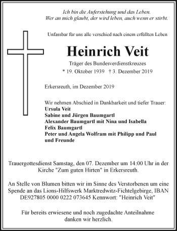 Traueranzeige von Heinrich Veit von Frankenpost
