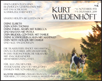 Traueranzeige von Kurt Wiedenhöft von Südthüringer Presse