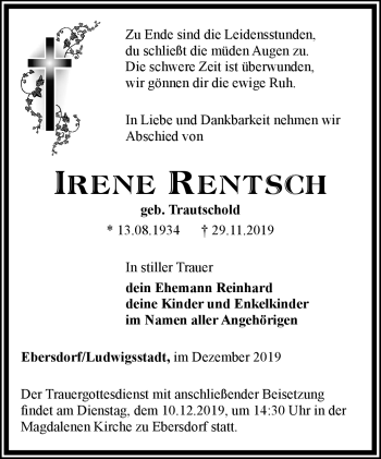 Traueranzeige von Irene Rentsch von Neue Presse Coburg