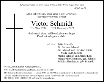 Traueranzeige von Victor Schmidt von Neue Presse Coburg
