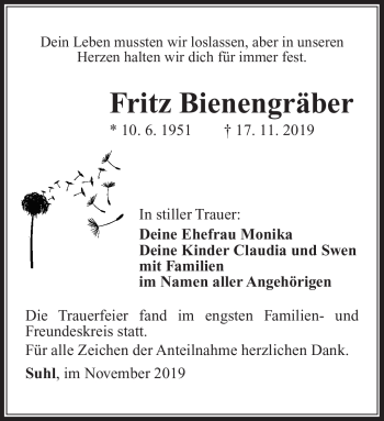 Traueranzeige von Fritz Bienengräber von Südthüringer Presse