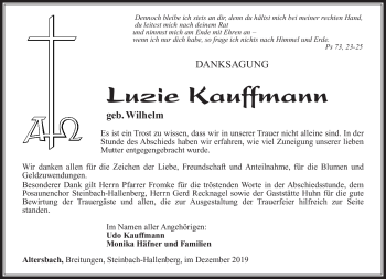 Traueranzeige von Luzie Kauffmann von Südthüringer Presse