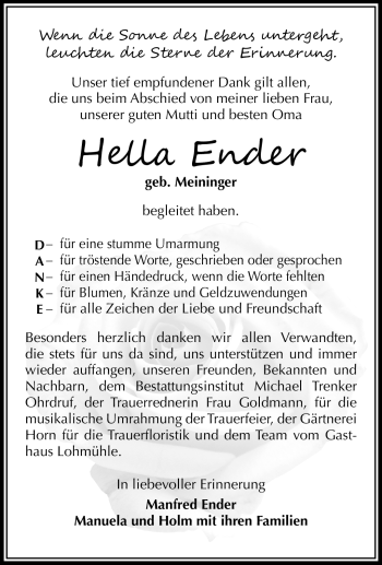 Traueranzeige von Hella Ender von Südthüringer Presse