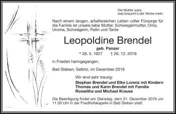 Traueranzeige von Leopoldine Brendel von Frankenpost