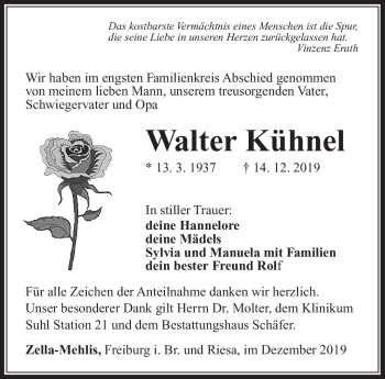 Traueranzeige von Walter Kühnel von Südthüringer Presse