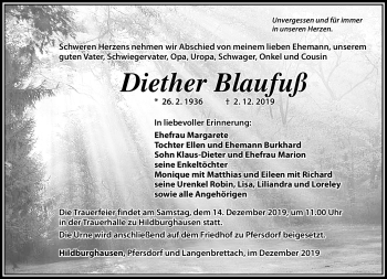 Traueranzeige von Diether Blaufuß von Südthüringer Presse