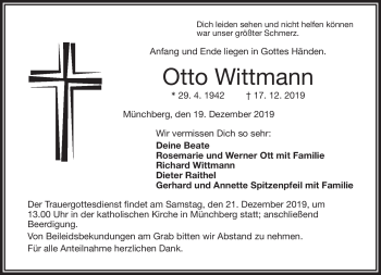 Traueranzeige von Otto Wittmann von Frankenpost