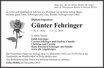 Traueranzeige von Günter Fehringer von Südthüringer Presse
