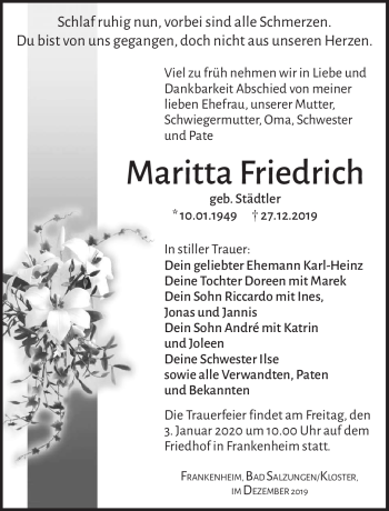 Traueranzeige von Maritta Friedrich von Südthüringer Presse