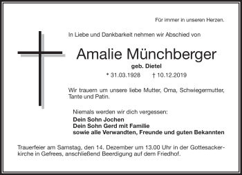 Traueranzeige von Amalie Münchberger von Frankenpost