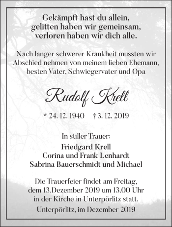 Traueranzeige von Rudolf Krell von Südthüringer Presse