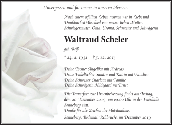 Traueranzeige von Waltraud Scheler von Südthüringer Presse