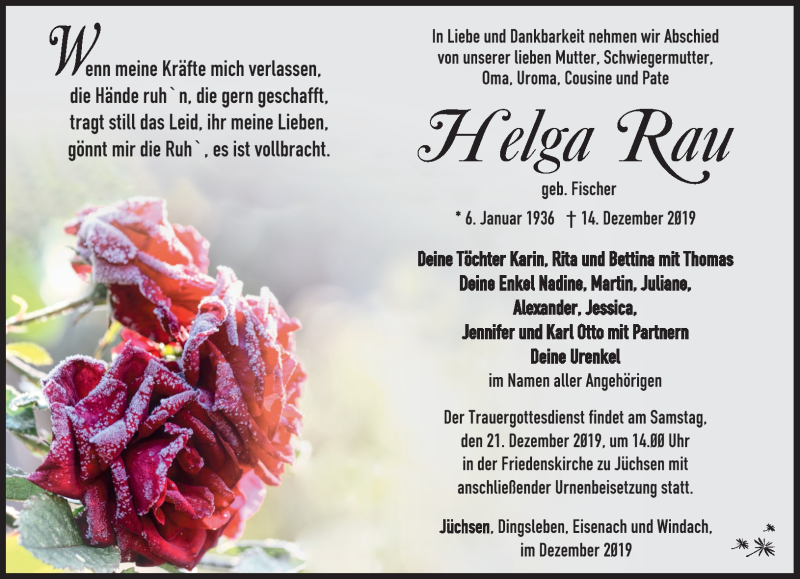  Traueranzeige für Helga Rau vom 18.12.2019 aus Südthüringer Presse