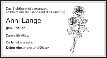 Traueranzeige von Anni Lange von Frankenpost