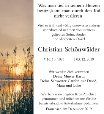Traueranzeige von Christian Schönwälder von Südthüringer Presse
