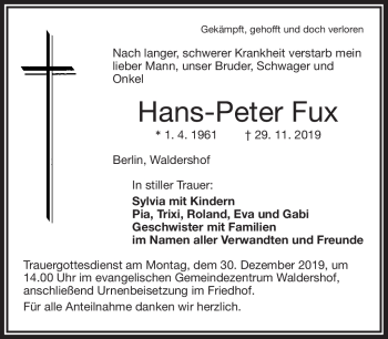 Traueranzeige von Hans-Peter Fux von Frankenpost