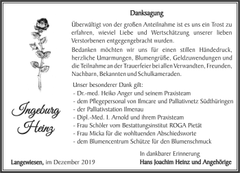 Traueranzeige von Ingeburg Heinz von Südthüringer Presse