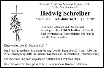 Traueranzeige von Hedwig Schreiber von Neue Presse Coburg