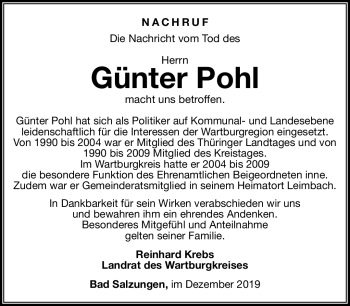 Traueranzeige von Günter Pohl von Südthüringer Presse