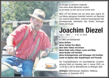 Traueranzeige von Joachim Diezel von Südthüringer Presse