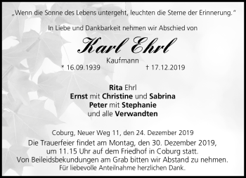 Traueranzeige von Karl Ehrl von Neue Presse Coburg