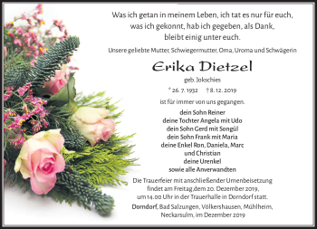 Traueranzeige von Erika Dietzel von Südthüringer Presse